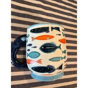 Boston Warehouse Fish Pattern Ceramic Coffee Mug Blue Orange Nautical Coastal